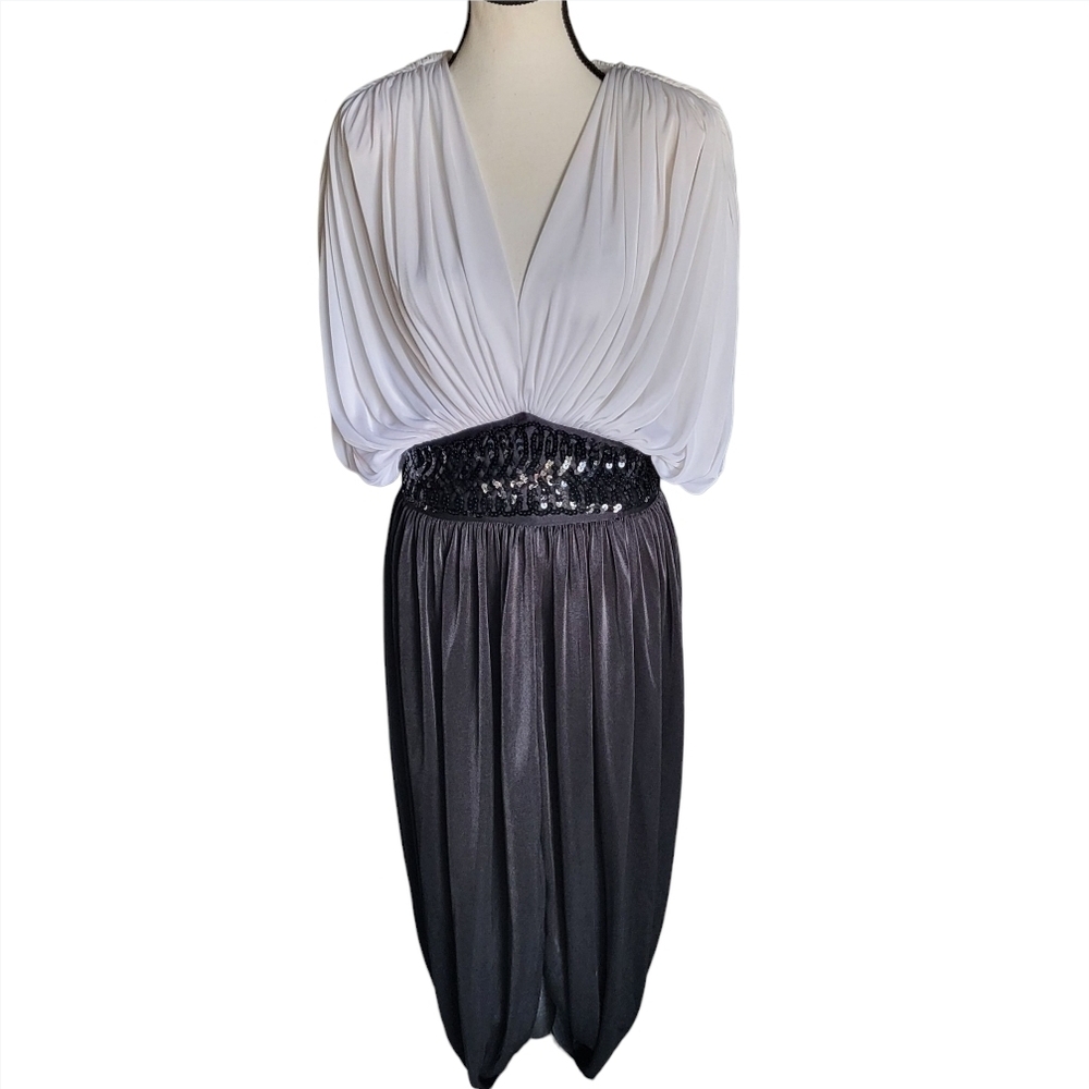 80s Lizzy & Johnny Black White Vneck Dress Shoulder Pads Sequin Sz 12 (modern 6)